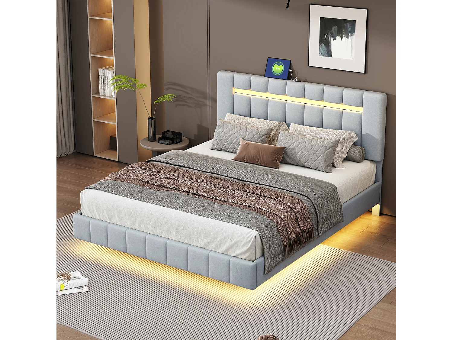 Lit rembourré en lin - 160x200cm - avec éclairage LED et Ports de charge USB - Gris