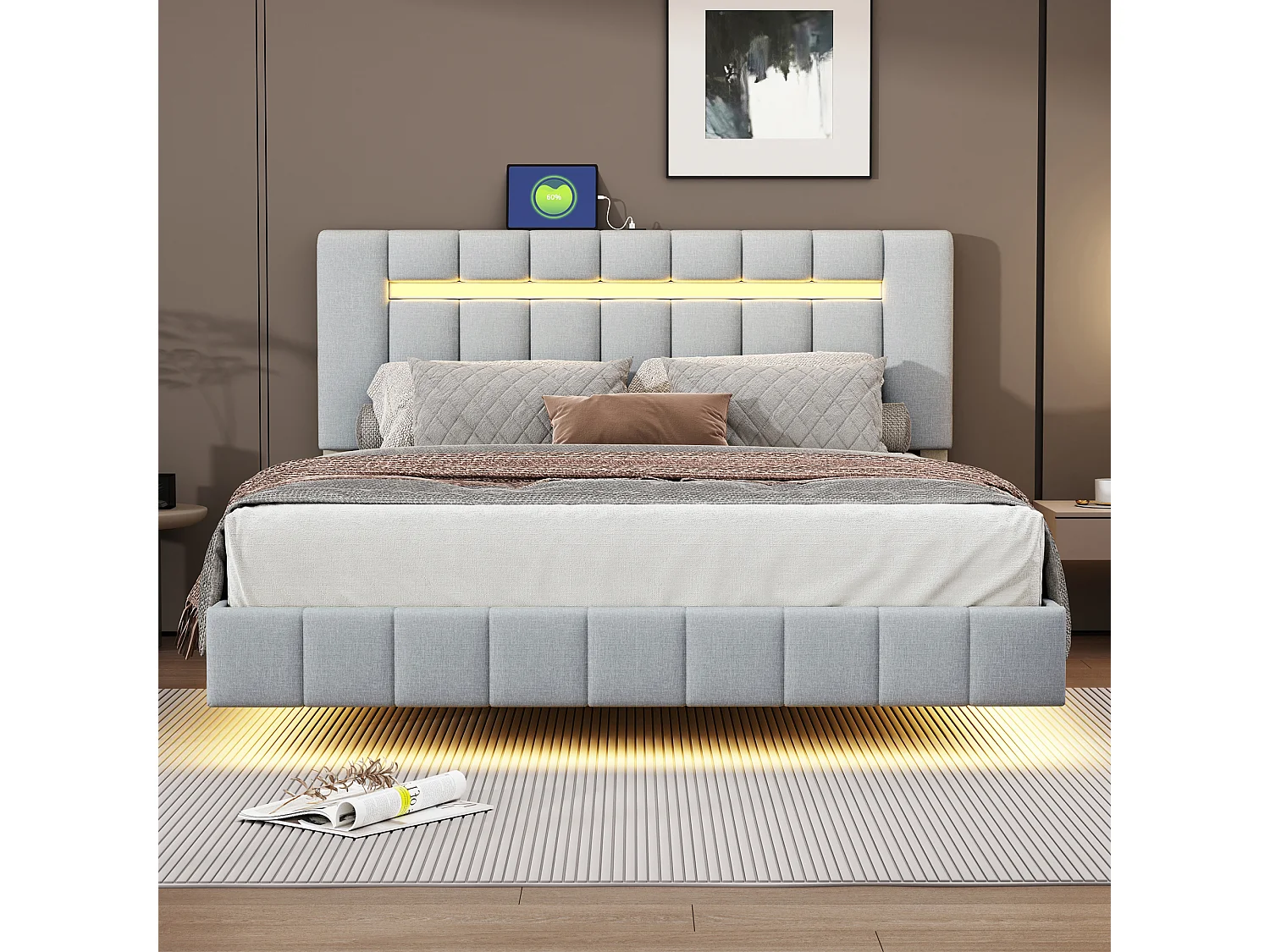 Lit rembourré en lin - 160x200cm - avec éclairage LED et Ports de charge USB - Gris