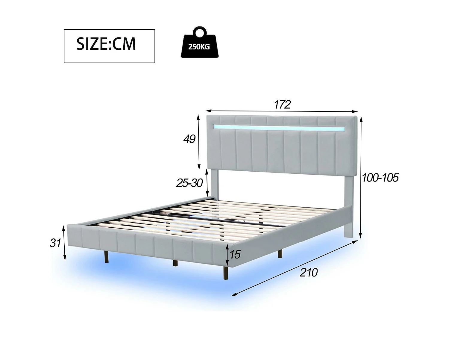 Lit rembourré en lin - 160x200cm - avec éclairage LED et Ports de charge USB - Gris