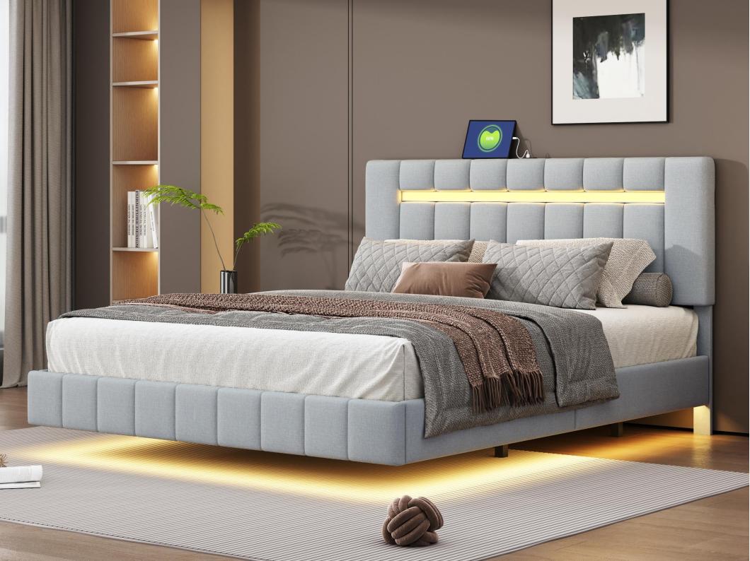 Cama estofada em linho - 160x200cm - com iluminação LED e portas de carregamento USB - Cinza