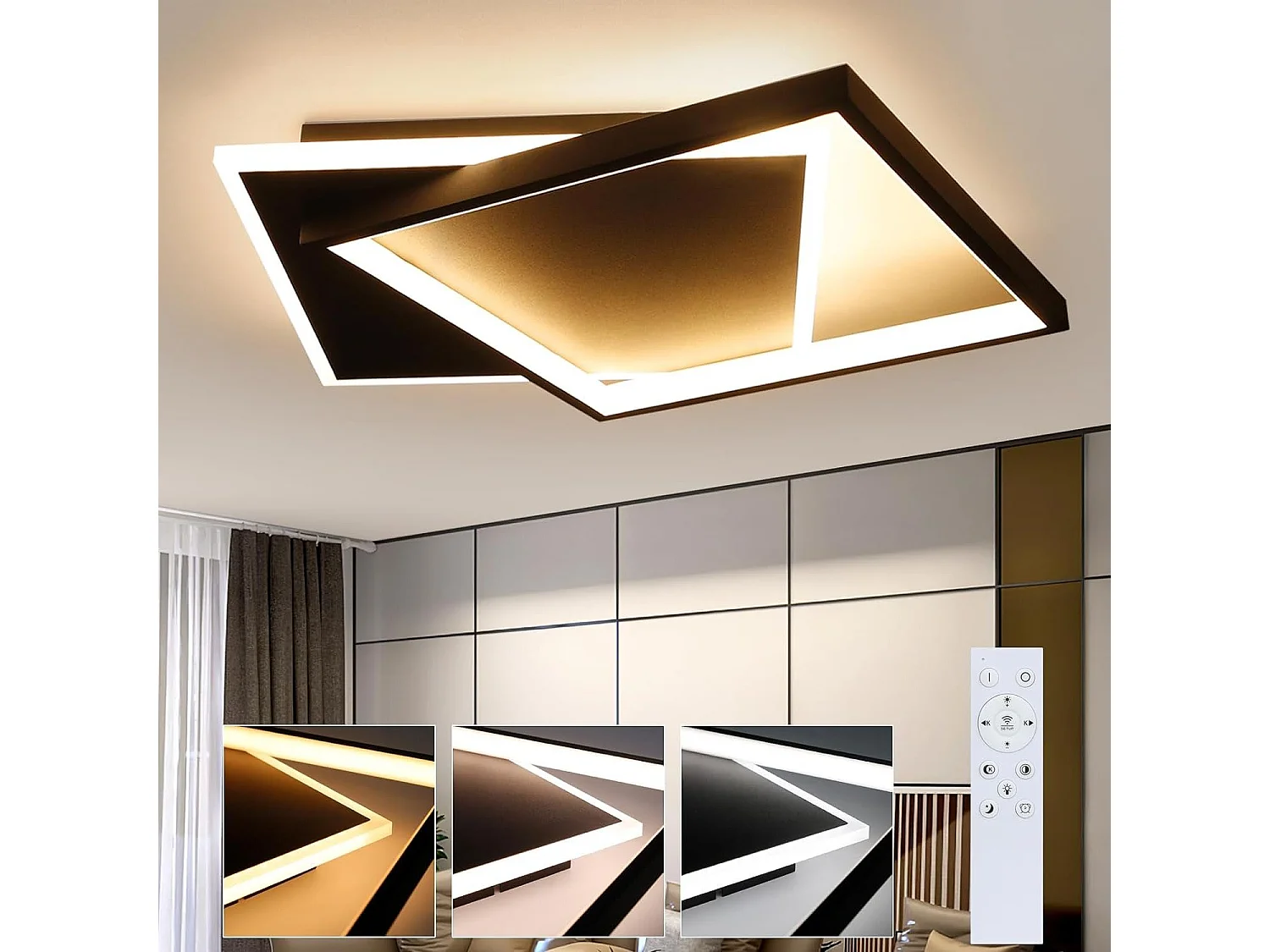 NETTLIFE LED-Deckenleuchte Schlafzimmer, schwarze Lampe, dimmbar, 42 W, moderne Fernbedienung, quadratische Acryl-Deckenlampe für Wohnzimmer, Küche, Esszimmer