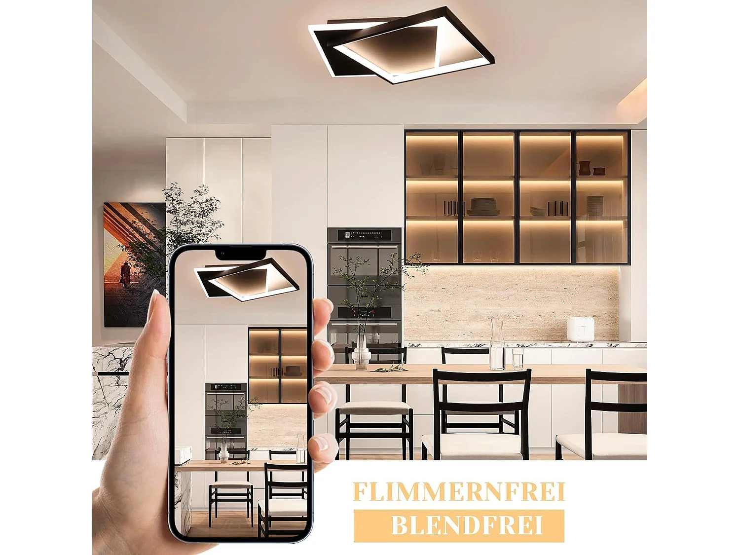 NETTLIFE LED-Deckenleuchte Schlafzimmer, schwarze Lampe, dimmbar, 42 W, moderne Fernbedienung, quadratische Acryl-Deckenlampe für Wohnzimmer, Küche, Esszimmer
