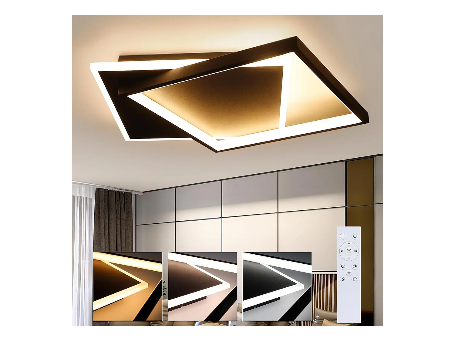 NETTLIFE Plafonnier LED Chambre Noir Lampe Dimmable 42 W Moderne Télécommande Carré Acrylique Plafonnier pour Salon Cuisine Salle à Manger