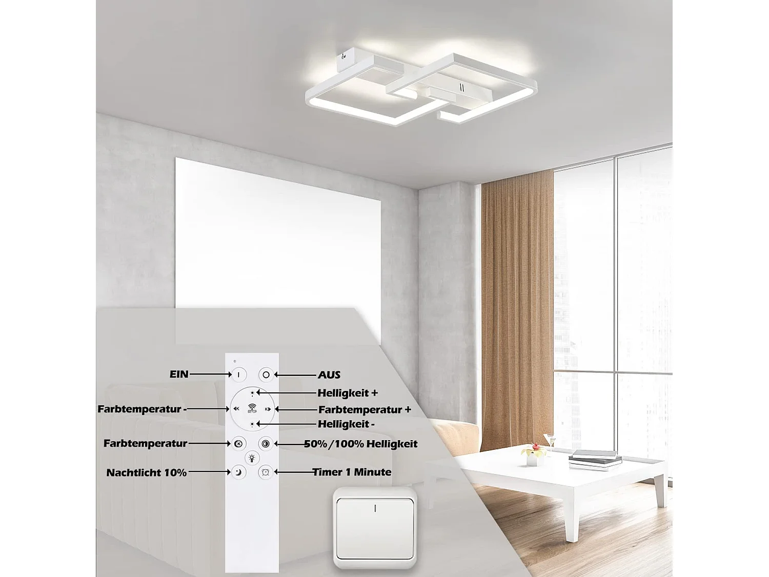 NETTLIFE Plafonnier LED Métal Blanc 35W Dimmable Lampe de Salon Moderne avec Télécommande Lampe Design Carrée pour Chambre Cuisine Couloir