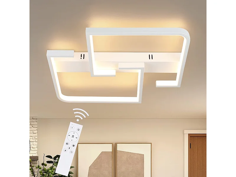 NETTLIFE Plafonnier LED Métal Blanc 35W Dimmable Lampe de Salon Moderne avec Télécommande Lampe Design Carrée pour Chambre Cuisine Couloir