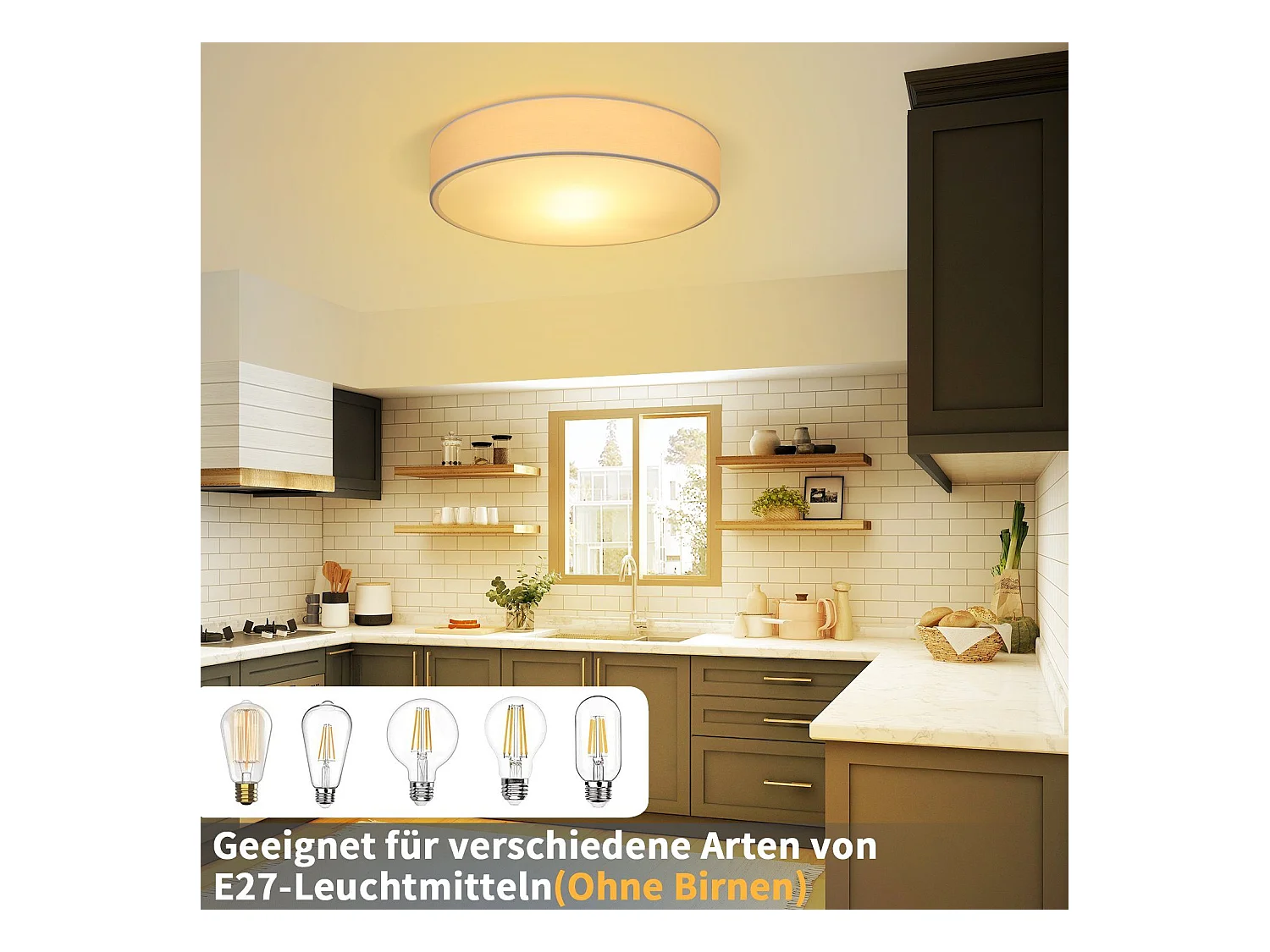 Lámpara de techo NETTLIFE con pantalla de tela redonda de 38 cm, E27, moderna lámpara de techo para dormitorio