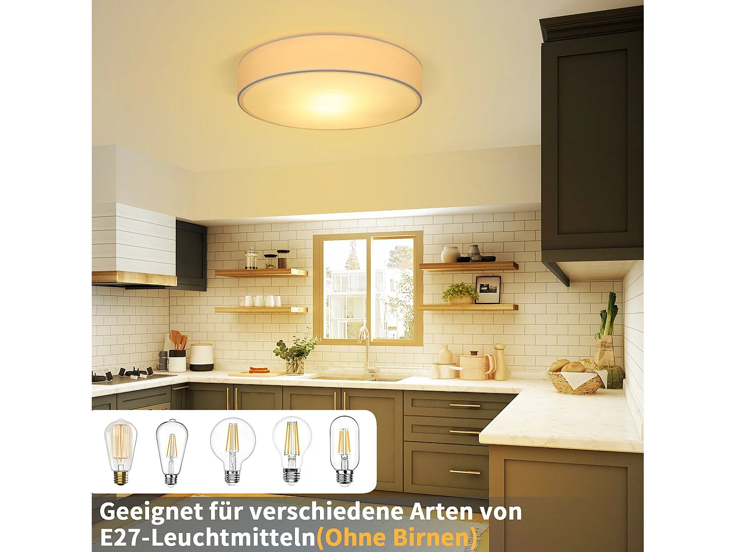 Plafonnier NETTLIFE abat-jour en tissu rond 38CM E27 lampe de plafond de chambre moderne