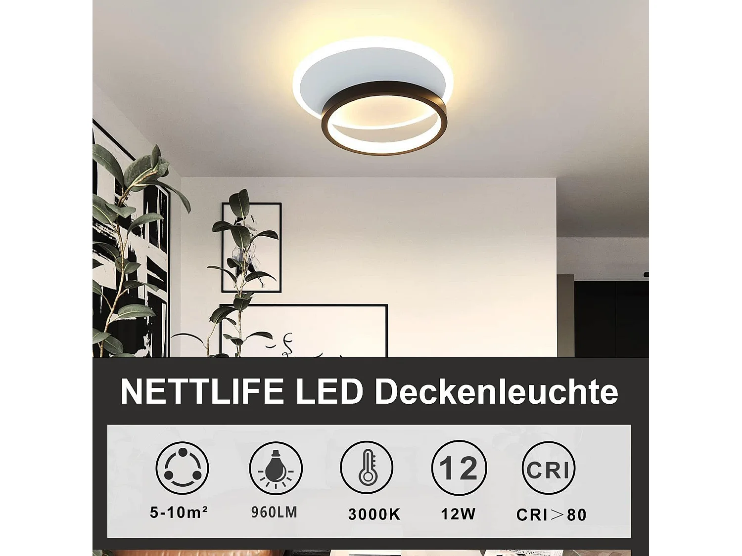 NETTLIFE Plafonnier LED 12 W Lampe de Cuisine 3000 K Blanc Chaud Lampe de Chambre Lampe Design Moderne Plafond Salon Noir Rond pour Chambre Couloir