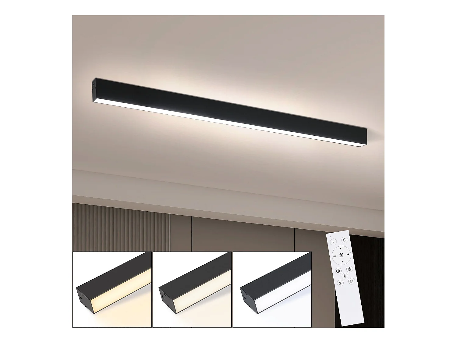 NETTLIFE Plafonnier LED Noir Moderne 107CM Longue Dimmable avec Télécommande Lampe de Bureau 32W Panneau pour Cuisine Chambre