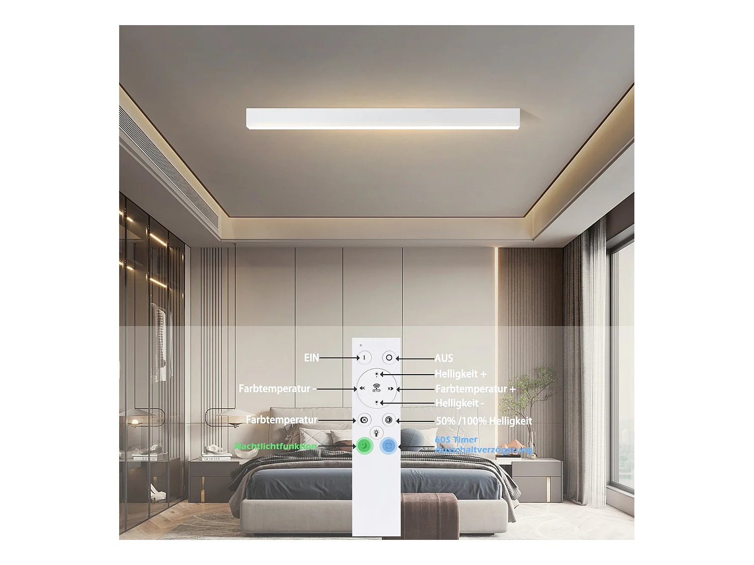 Moderne schwarze LED-Deckenleuchte, 107 cm lang, dimmbar, mit Fernbedienung, Schreibtischlampe, 32 W, Panel