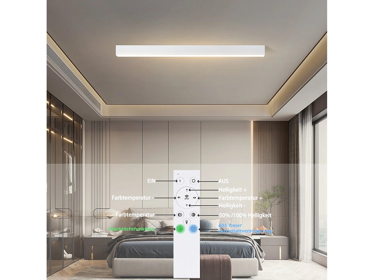 NETTLIFE Plafonnier LED Noir Moderne 107CM Longue Dimmable avec Télécommande Lampe de Bureau 32W Panneau pour Cuisine Chambre