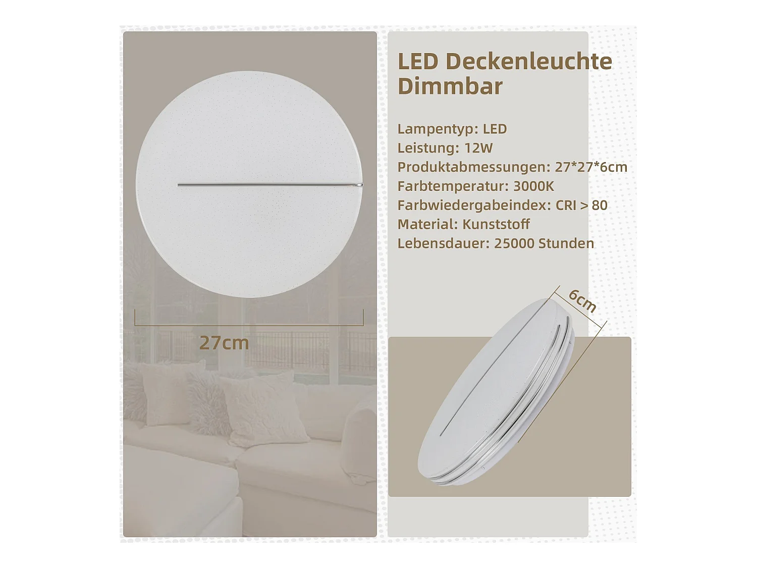 NETTLIFE Plafonnier LED Chambre - Diamètre 27 cm Lampe de Chambre Ciel Étoilé 12 W Lampe Blanc Chaud Lampe de Cuisine Moderne Ronde pour Couloir Salon