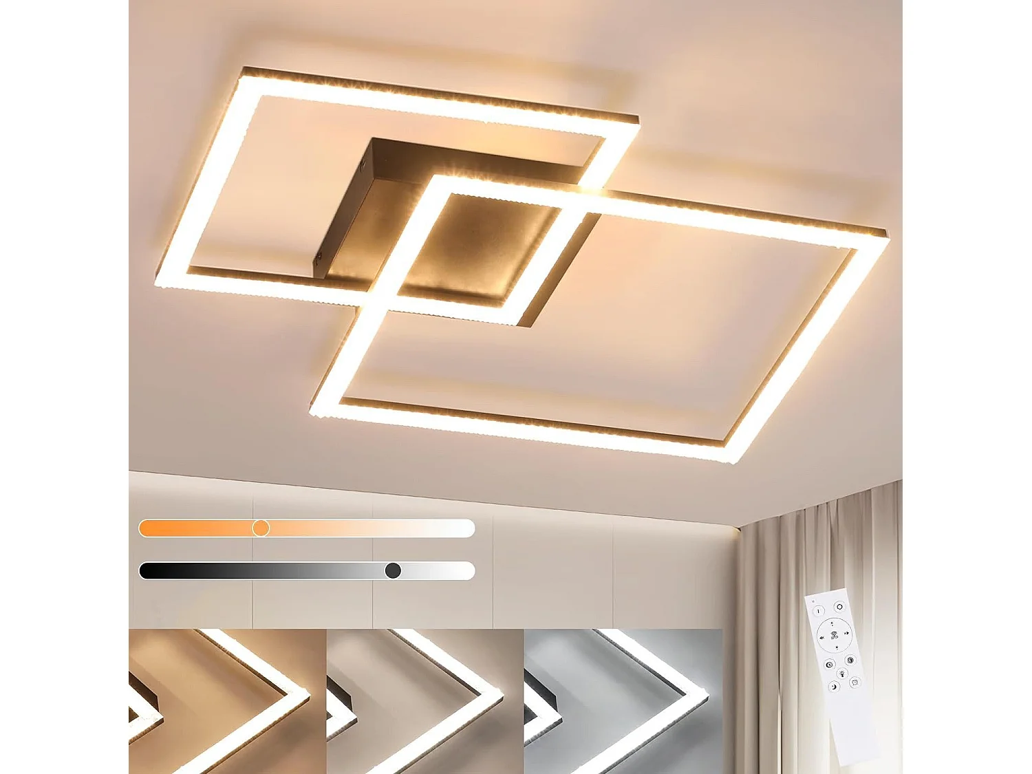 NETTLIFE Lámpara de Techo LED 3000K-6500K, Lámpara de Cocina Regulable de 54W Diseño Cuadrado Moderno Negro con Control Remoto para Dormitorio Cocina