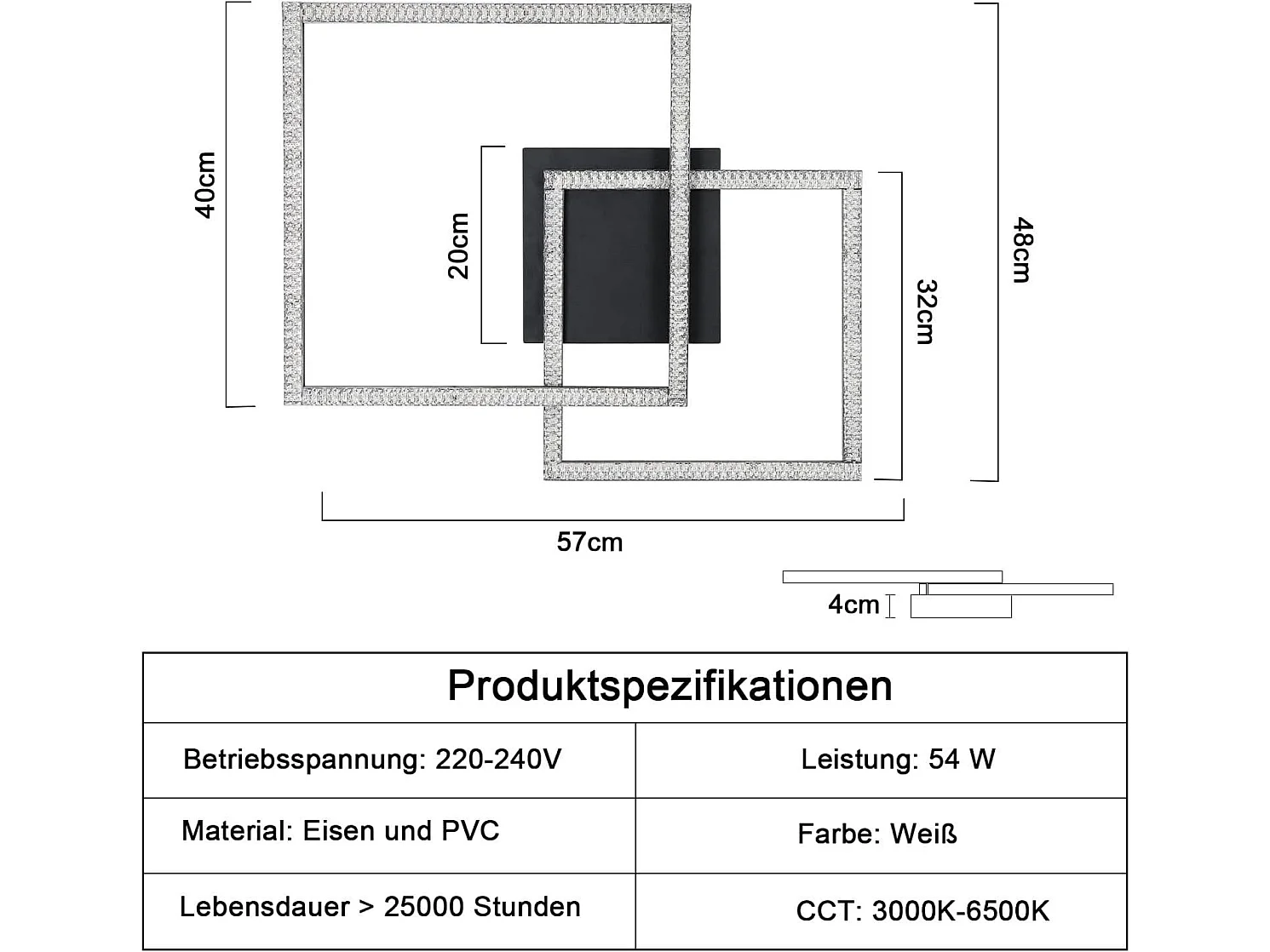 NETTLIFE Plafonnier LED 3000K-6500K, 54W Lampe de Cuisine à Intensité Variable  Noir Design Moderne Carrés avec Télécommande pour Chambre Cuisine