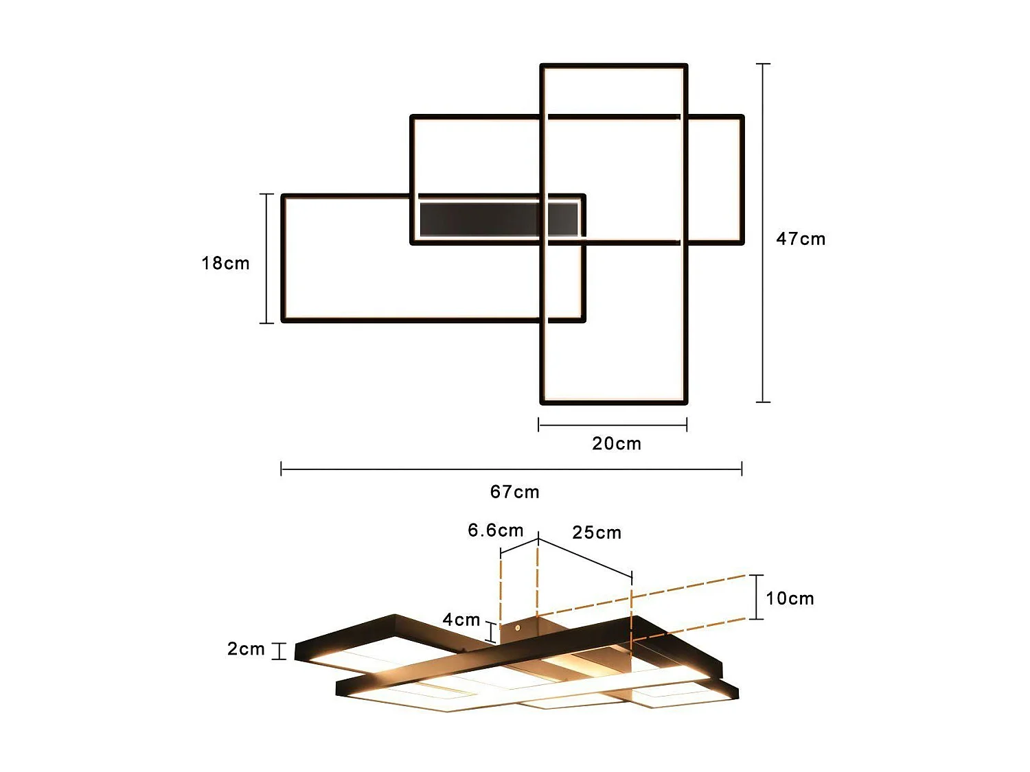 NETTLIFE Plafonnier LED, Éclairage de Plafond Modernes avec 3 Carrés, 67x47x10cm , 35W Métal Lampe de Plafond Applique Murale, Noir , 3000K