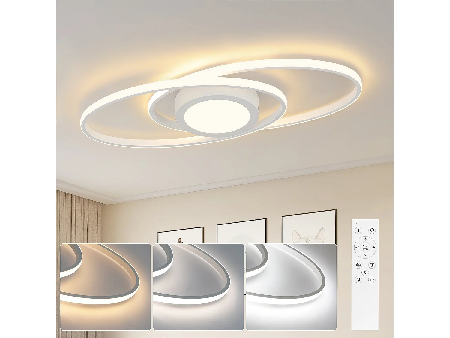 NETTLIFE Plafonnier LED Ovale 48 W Dimmable Blanc avec Télécommande 3000 K - 6500 K Moderne pour Chambre à coucher Chambre d'enfant Bureau