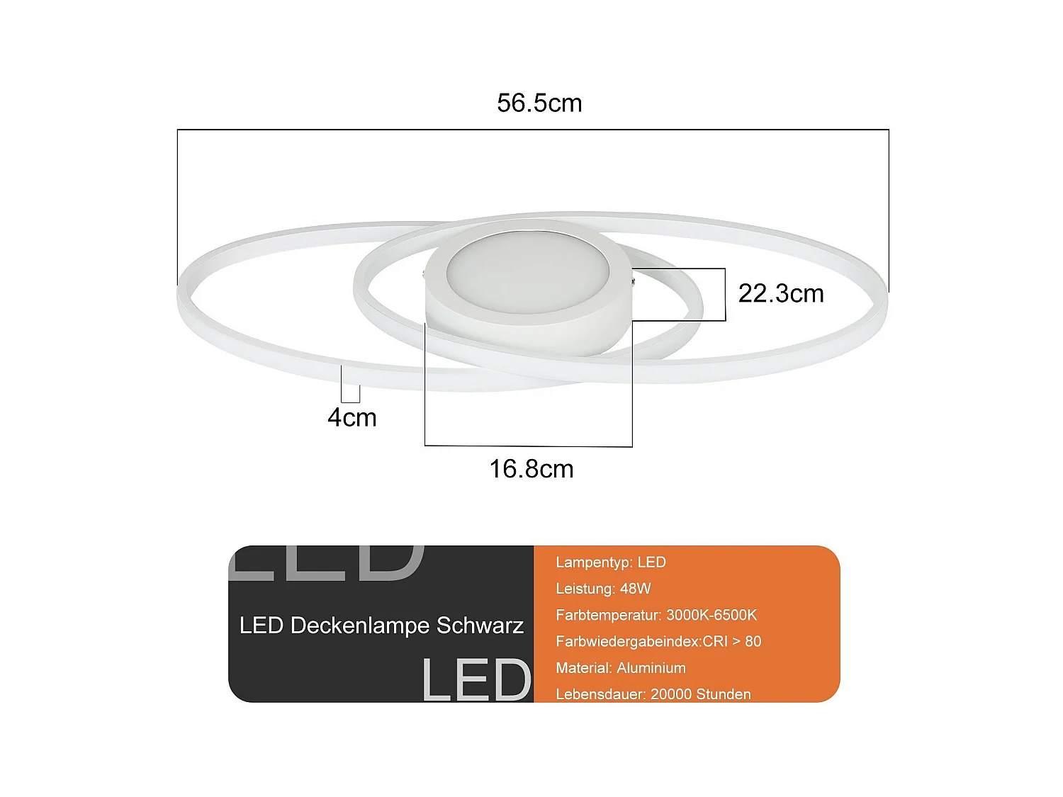 NETTLIFE Plafonnier LED Ovale 48 W Dimmable Blanc avec Télécommande 3000 K - 6500 K Moderne pour Chambre à coucher Chambre d'enfant Bureau