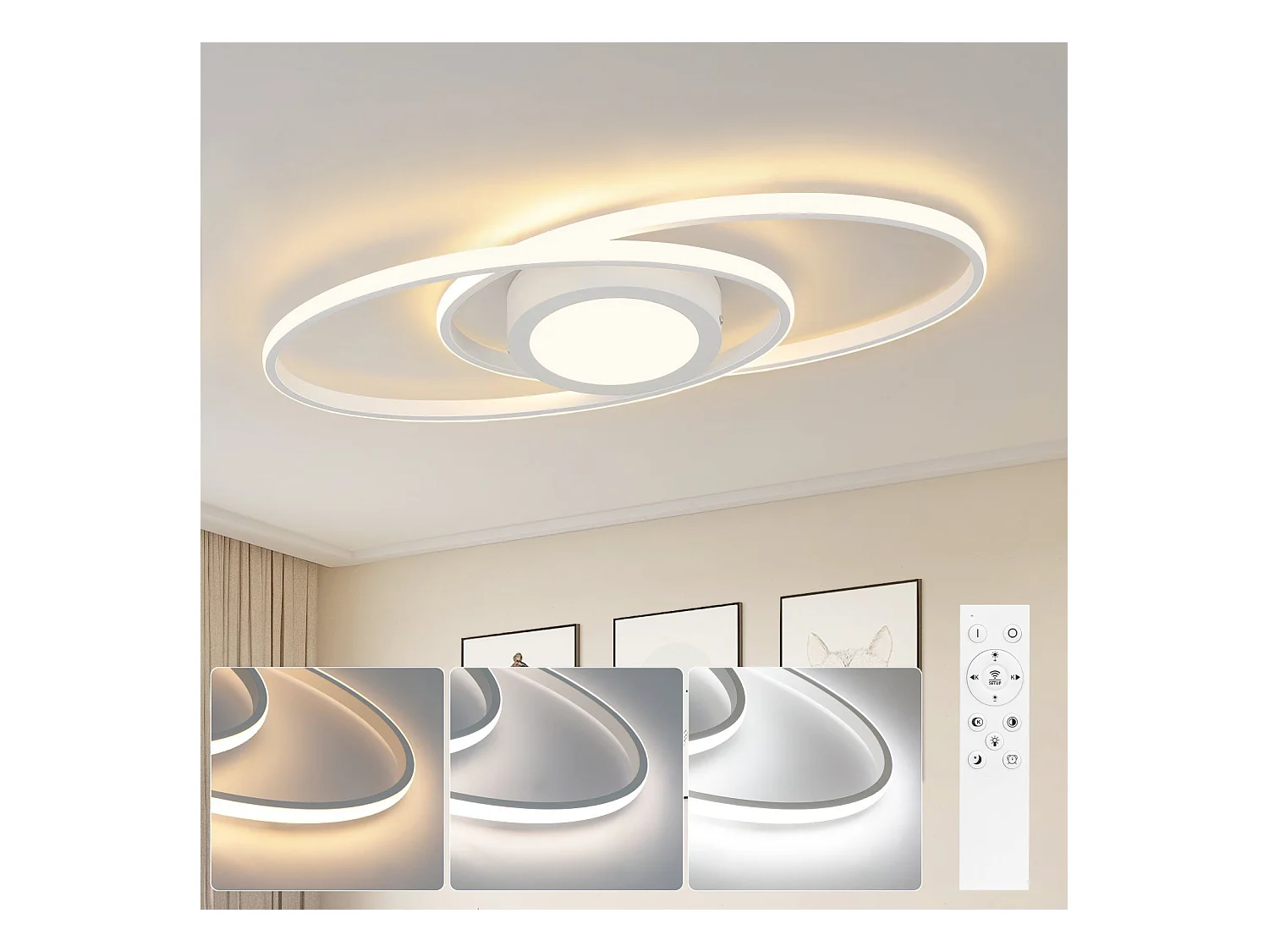 NETTLIFE Ovale LED-Deckenleuchte, 48 W, dimmbar, weiß, mit Fernbedienung, 3000 K – 6500 K, modern für Schlafzimmer, Kinderzimmer, Büro