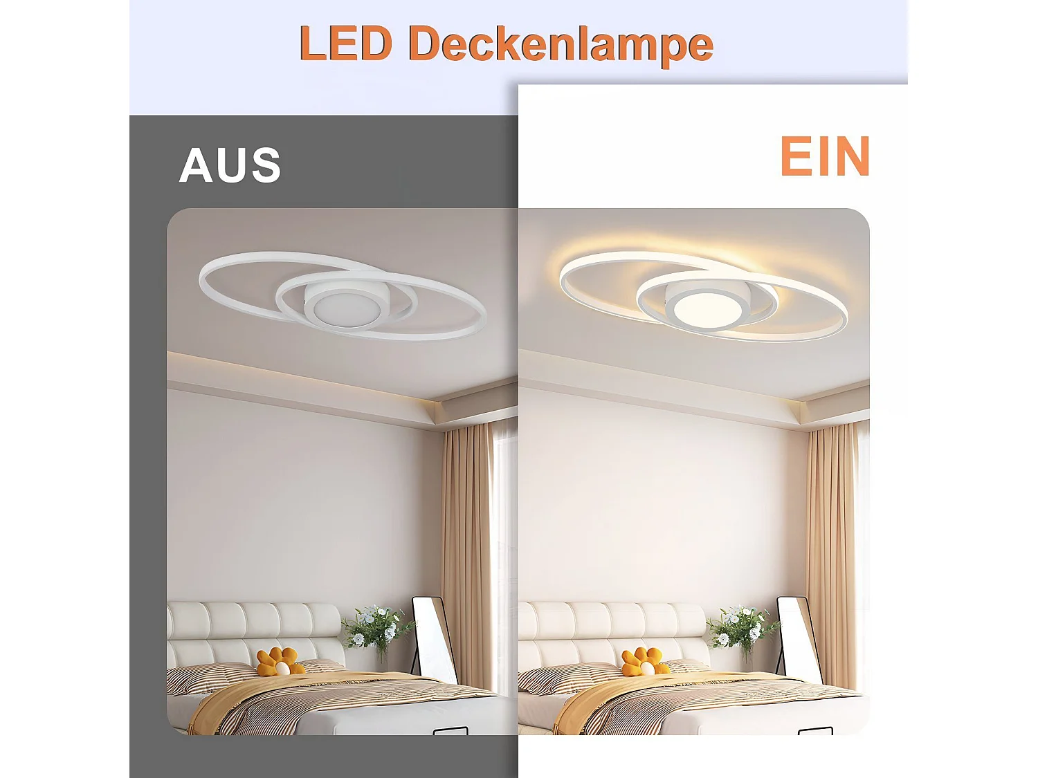 NETTLIFE Ovale LED-Deckenleuchte, 48 W, dimmbar, weiß, mit Fernbedienung, 3000 K – 6500 K, modern für Schlafzimmer, Kinderzimmer, Büro