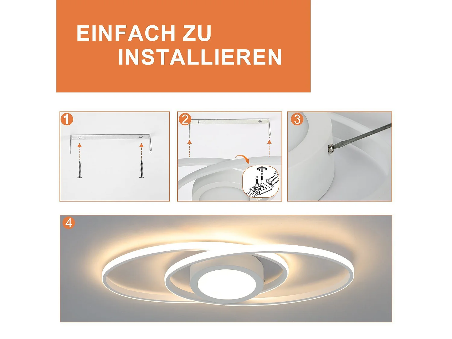 NETTLIFE Ovale LED-Deckenleuchte, 48 W, dimmbar, weiß, mit Fernbedienung, 3000 K – 6500 K, modern für Schlafzimmer, Kinderzimmer, Büro
