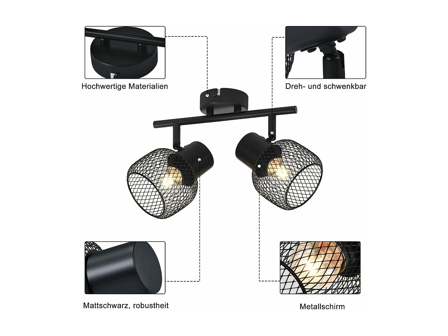 NETTLIFE Opbouwspot 2 vlammen E27 vintage rond zwart metaal verstelbaar 330° spot plafondlamp Plafondspot voor woonkamer slaapkamer keuken zonder gloeilampen