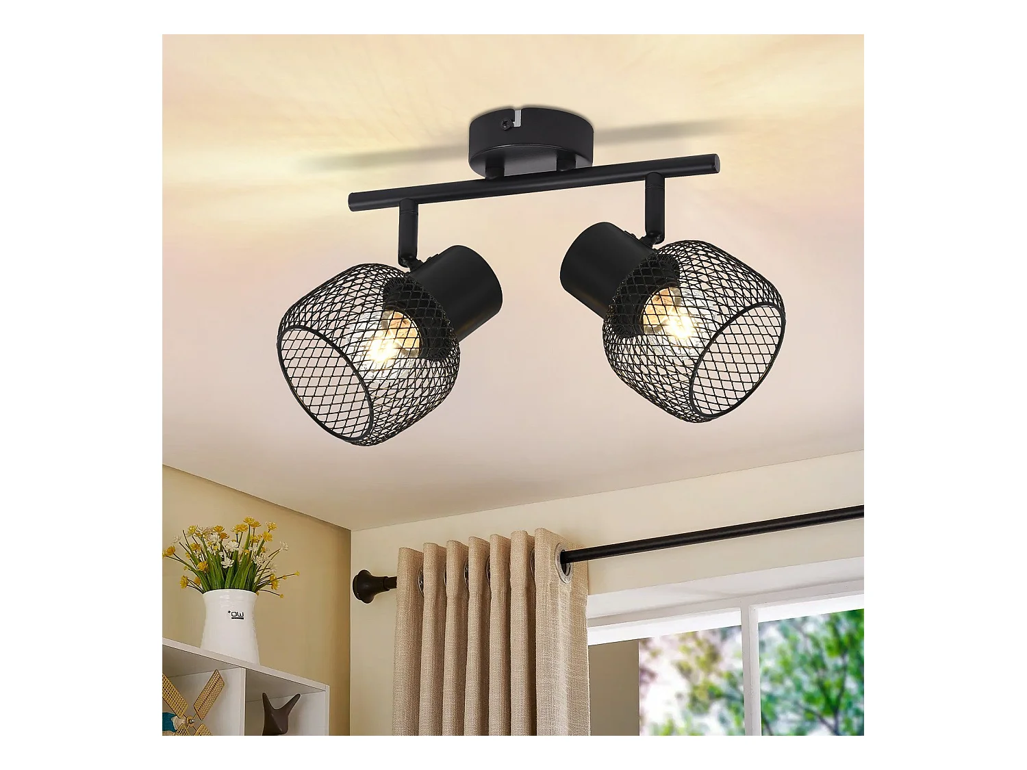NETTLIFE Plafonnier 2 spots E27 Max. 25W Vintage 2 Ampoules - Spot d'Intérieur Rotatif à 330°en Métal Noir pour Couloir Salon Cuisine Sans Ampoule