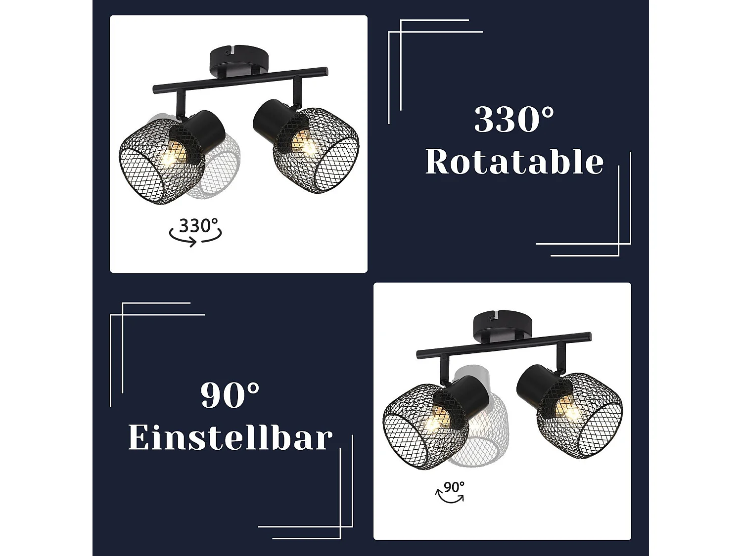 NETTLIFE Opbouwspot 2 vlammen E27 vintage rond zwart metaal verstelbaar 330° spot plafondlamp Plafondspot voor woonkamer slaapkamer keuken zonder gloeilampen