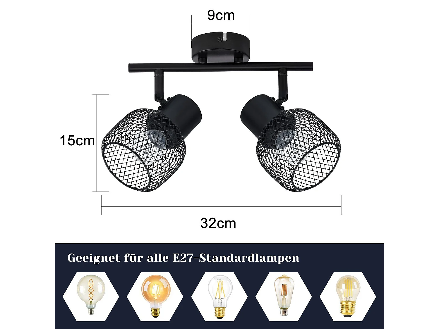 NETTLIFE Plafonnier 2 spots E27 Max. 25W Vintage 2 Ampoules - Spot d'Intérieur Rotatif à 330°en Métal Noir pour Couloir Salon Cuisine Sans Ampoule