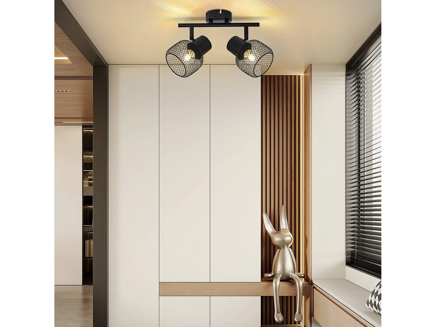 NETTLIFE Plafonnier 2 spots E27 Max. 25W Vintage 2 Ampoules - Spot d'Intérieur Rotatif à 330°en Métal Noir pour Couloir Salon Cuisine Sans Ampoule