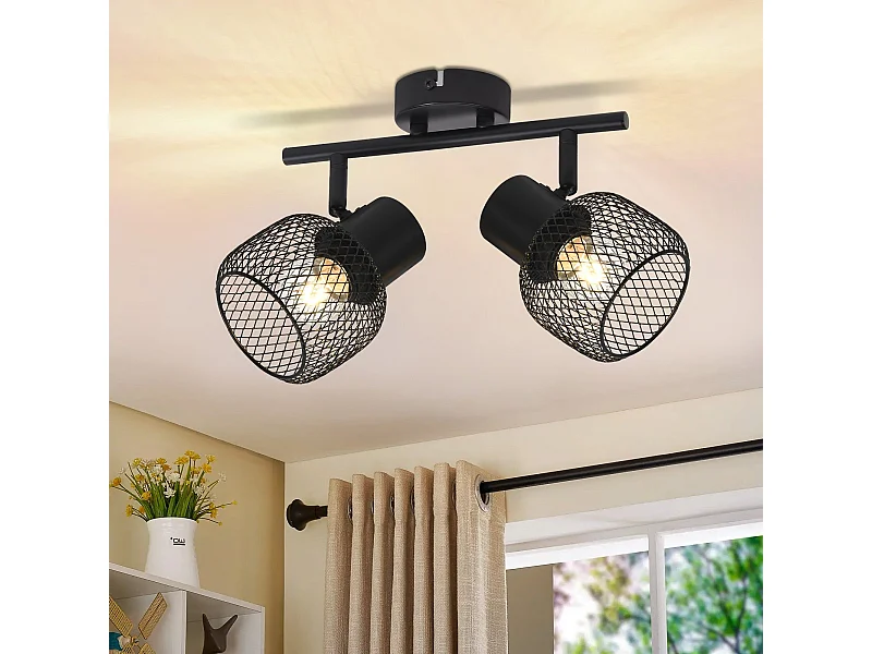 NETTLIFE Plafonnier 2 spots E27 Max. 25W Vintage 2 Ampoules - Spot d'Intérieur Rotatif à 330°en Métal Noir pour Couloir Salon Cuisine Sans Ampoule