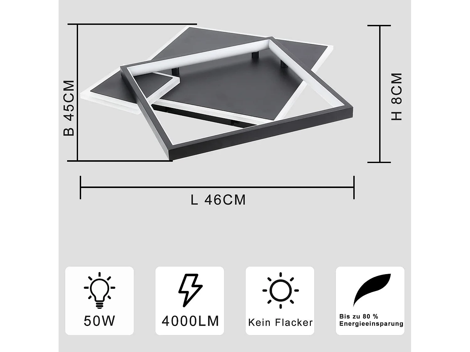 NETTLIFE Plafondlamp LED vierkant Zwart 3-Lichts 3000-6000K Dimbaar  50W Moderne Keukenverlichting met Afstandsbediening voor Woonkamer Slaapkamer Eetkamer 46cm
