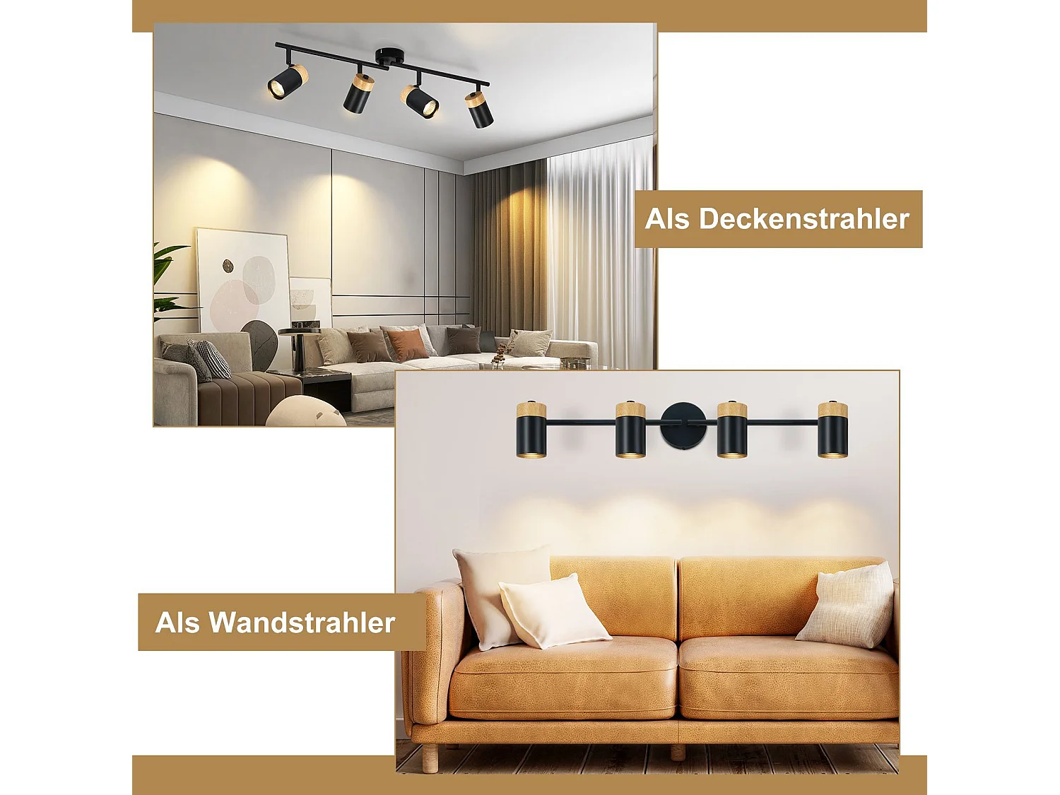 NETTLIFE Lámpara de techo 4 focos de madera GU10 negro orientable 330° para salón dormitorio cocina habitación infantil sin bombilla