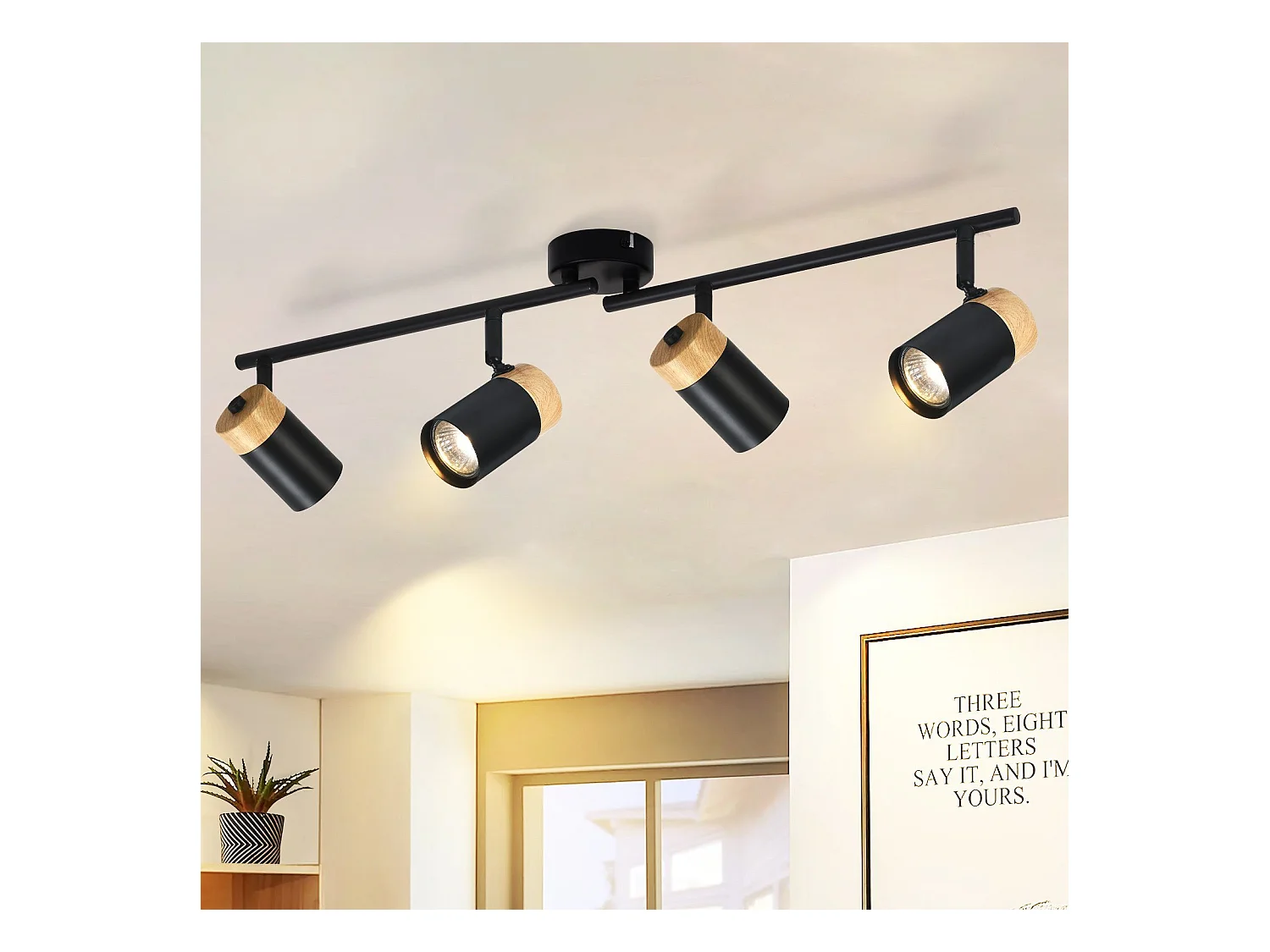 NETTLIFE Plafonnier 4 spots  bois GU10 noir orientable 330° pour salon chambre cuisine chambre d'enfant sans ampoule