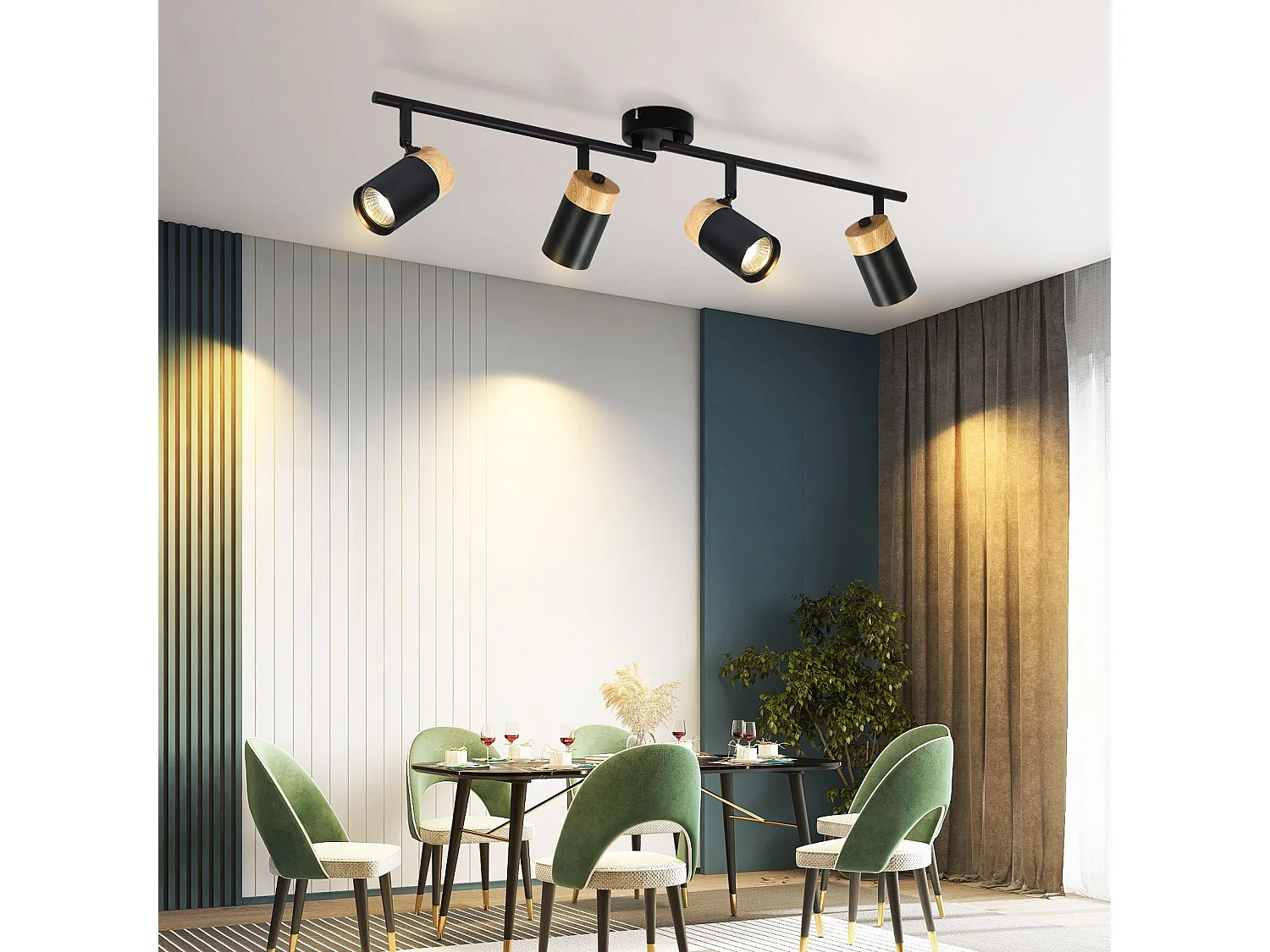 NETTLIFE Plafonnier 4 spots  bois GU10 noir orientable 330° pour salon chambre cuisine chambre d'enfant sans ampoule