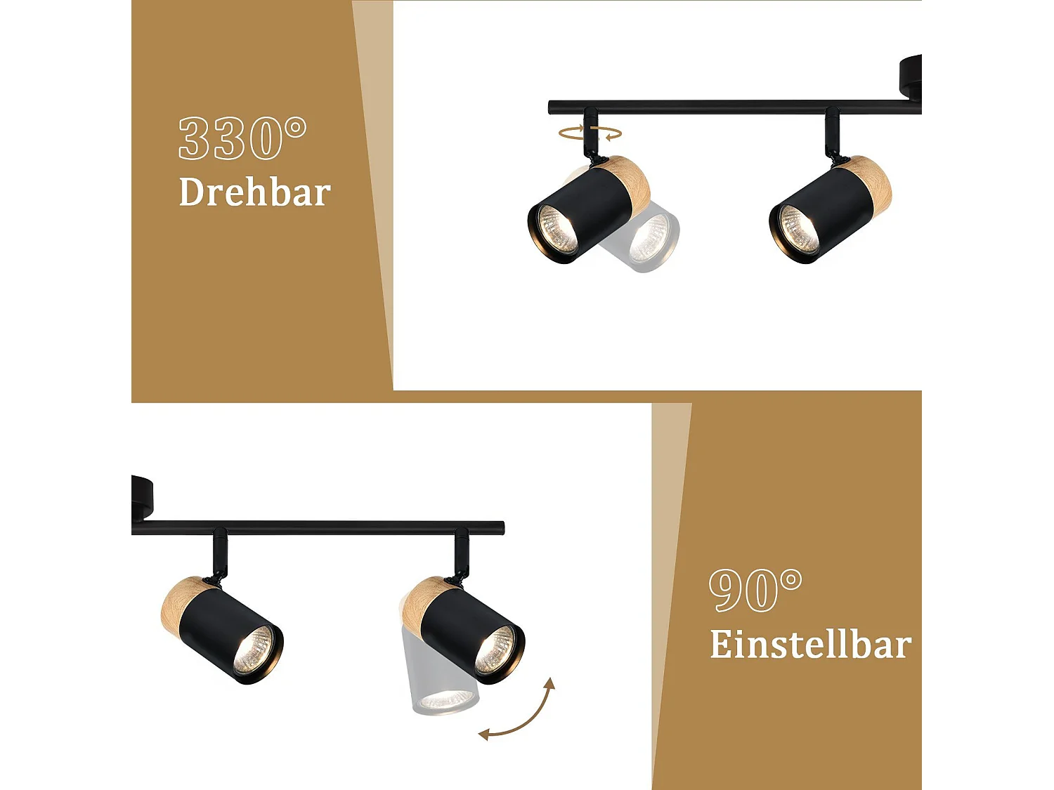 NETTLIFE Opbouwspot hout - GU10 Fitting - 4 Lichts - zwart - draaibar 330° Plafondlamp - vintage Plafondspot - voor Hal | Woonkamer | Slaapkamer | Keuken