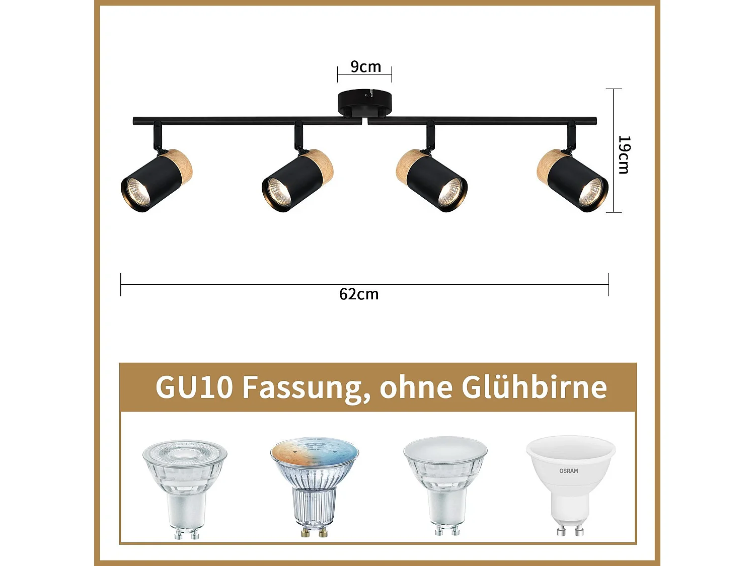 NETTLIFE Opbouwspot hout - GU10 Fitting - 4 Lichts - zwart - draaibar 330° Plafondlamp - vintage Plafondspot - voor Hal | Woonkamer | Slaapkamer | Keuken