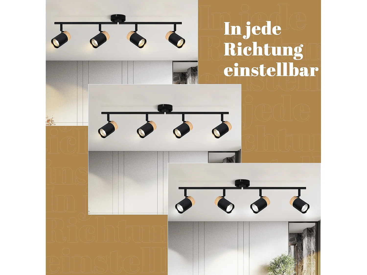 NETTLIFE Opbouwspot hout - GU10 Fitting - 4 Lichts - zwart - draaibar 330° Plafondlamp - vintage Plafondspot - voor Hal | Woonkamer | Slaapkamer | Keuken