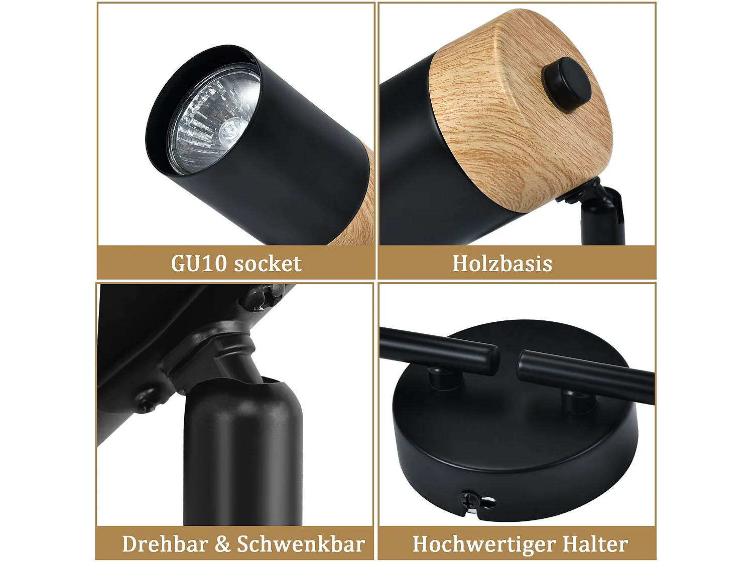 NETTLIFE Opbouwspot hout - GU10 Fitting - 4 Lichts - zwart - draaibar 330° Plafondlamp - vintage Plafondspot - voor Hal | Woonkamer | Slaapkamer | Keuken