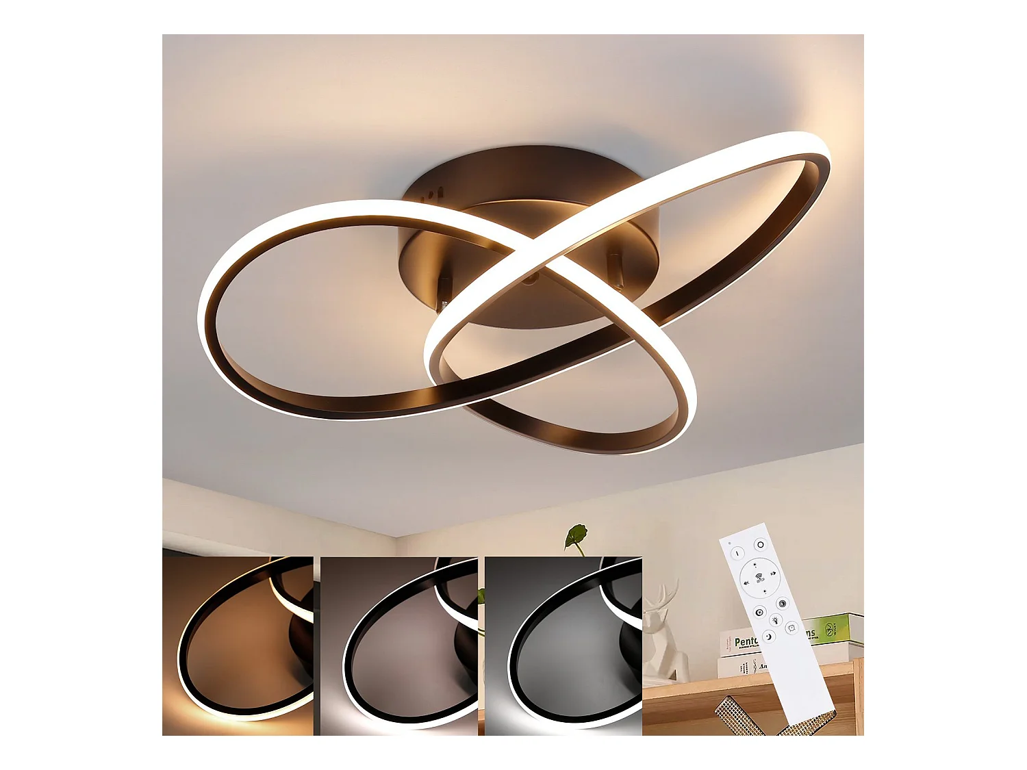 NETTLIFE Plafonnier LED Dimmable 33 W Lampe Noir avec Télécommande Lampe de Chambre Moderne 40 cm pour Salon Cuisine Couloir Studio
