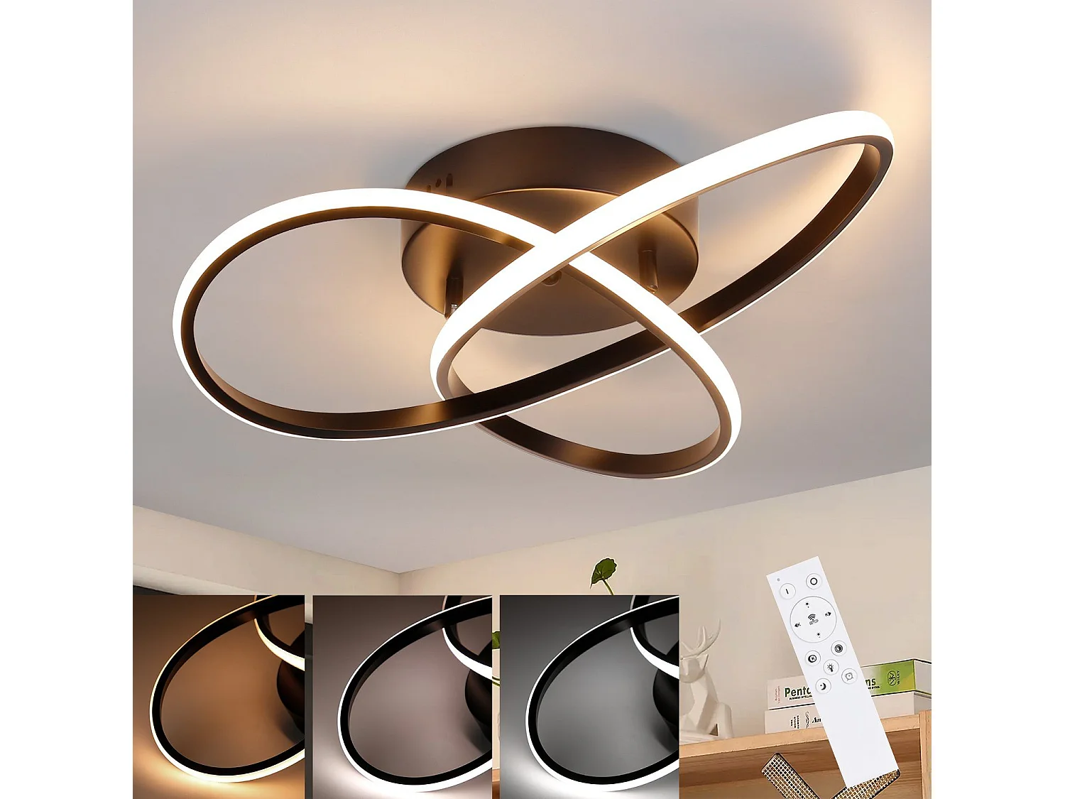 NETTLIFE Plafonnier LED Dimmable 33 W Lampe Noir avec Télécommande Lampe de Chambre Moderne 40 cm pour Salon Cuisine Couloir Studio