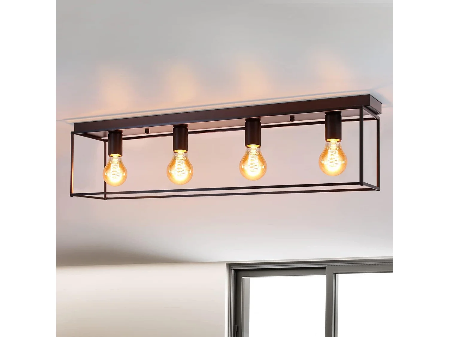 NETTLIFE Plafonnier 4 spots E27 vintage noir industriel pour chambre salon en métal rétro avec 4 ampoules pour cuisine couloir