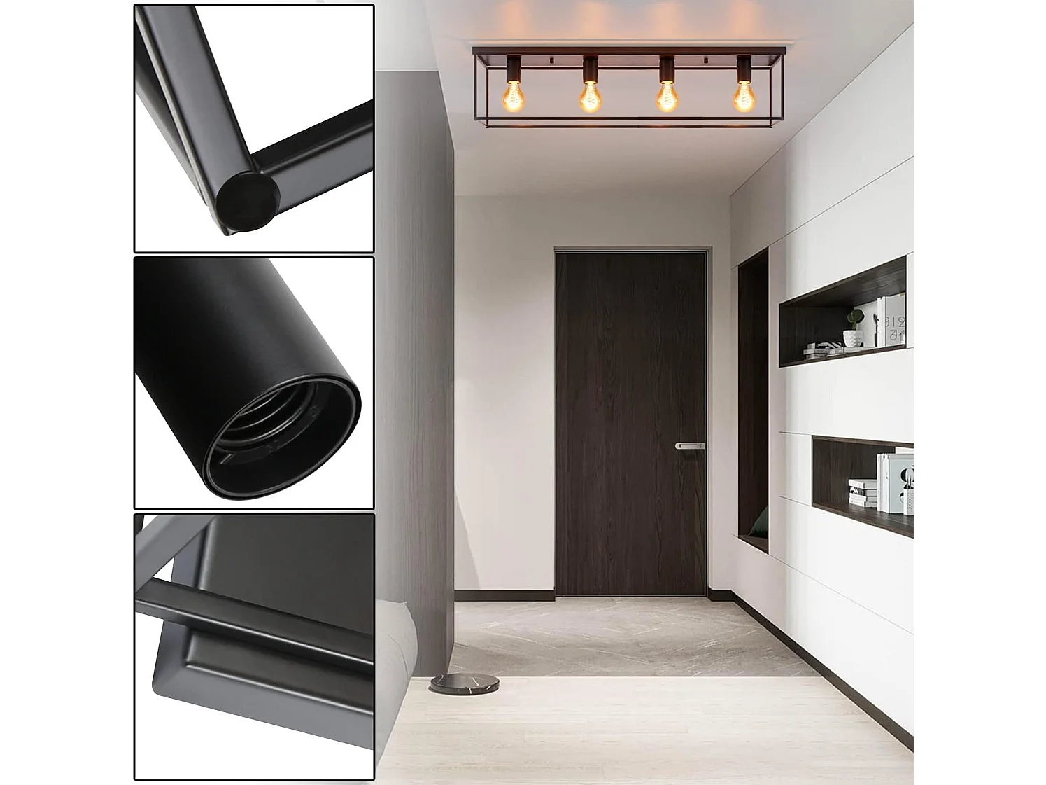 NETTLIFE Plafonnier 4 spots E27 vintage noir industriel pour chambre salon en métal rétro avec 4 ampoules pour cuisine couloir