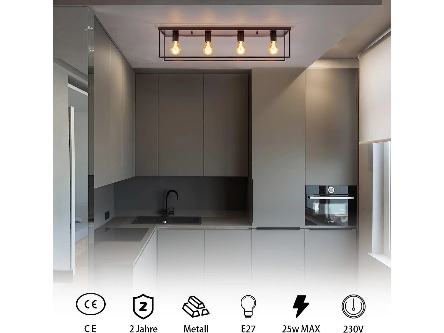 NETTLIFE Plafondlamp E27 - vierkant - 4-Lichts - Retro Plafondverlichting - Zwart - Vintage - Metalen Lamp - voor Slaapkamer | Woonkamer | Gang | Keuken - Max.25W