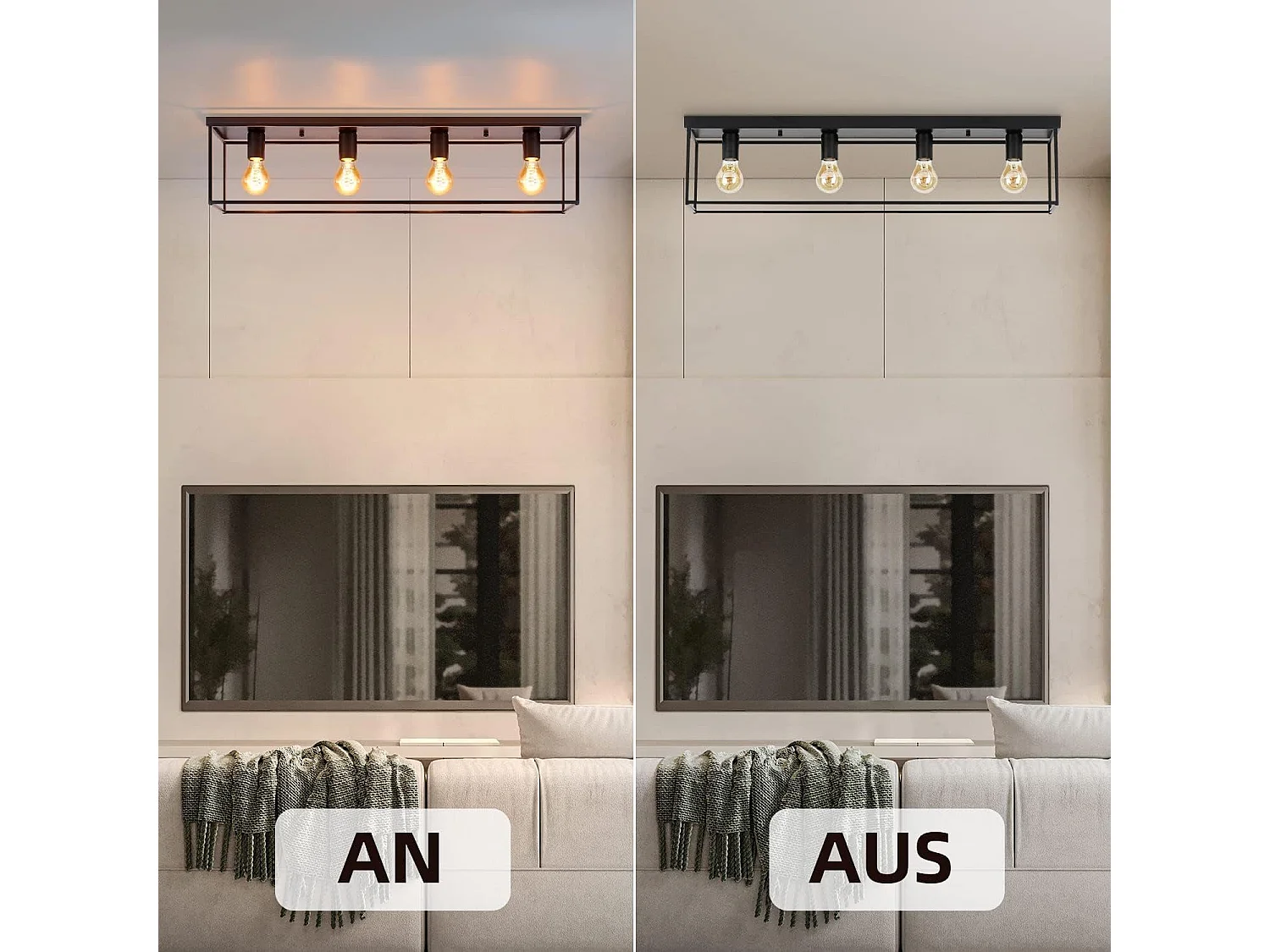 NETTLIFE Plafondlamp E27 - vierkant - 4-Lichts - Retro Plafondverlichting - Zwart - Vintage - Metalen Lamp - voor Slaapkamer | Woonkamer | Gang | Keuken - Max.25W