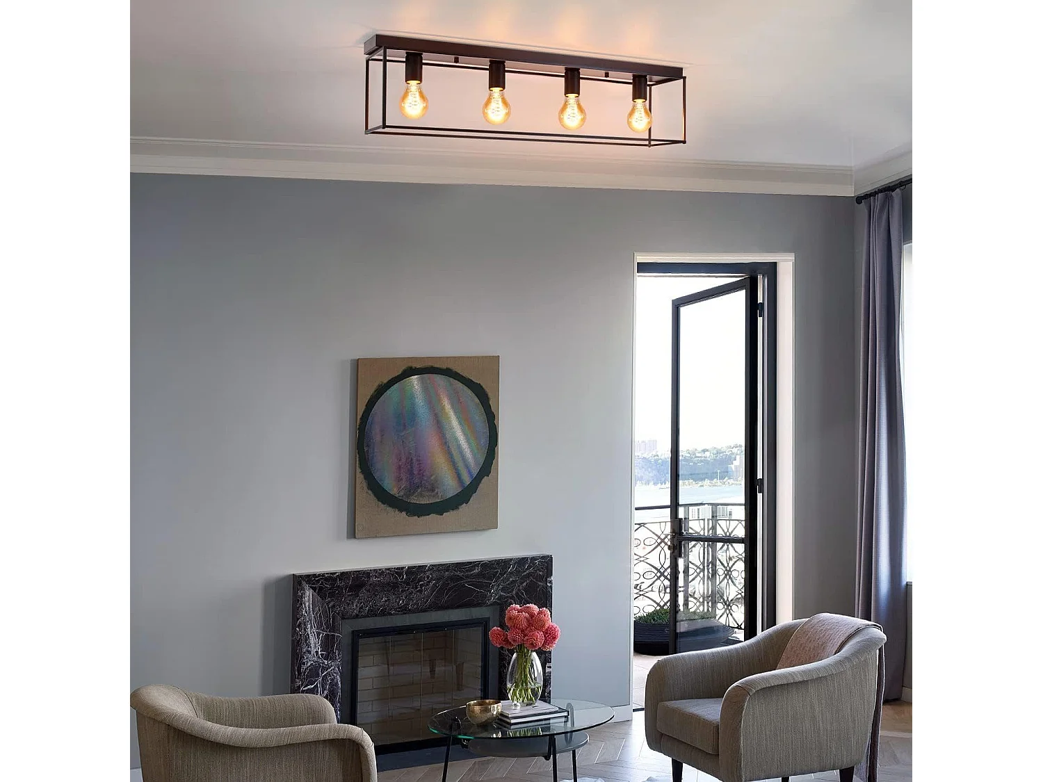 NETTLIFE Plafondlamp E27 - vierkant - 4-Lichts - Retro Plafondverlichting - Zwart - Vintage - Metalen Lamp - voor Slaapkamer | Woonkamer | Gang | Keuken - Max.25W