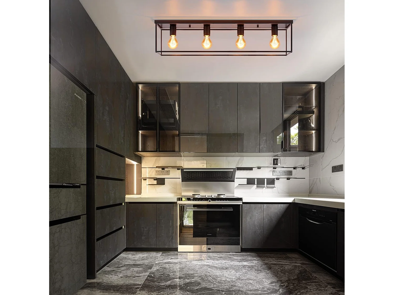 NETTLIFE Plafondlamp E27 - vierkant - 4-Lichts - Retro Plafondverlichting - Zwart - Vintage - Metalen Lamp - voor Slaapkamer | Woonkamer | Gang | Keuken - Max.25W