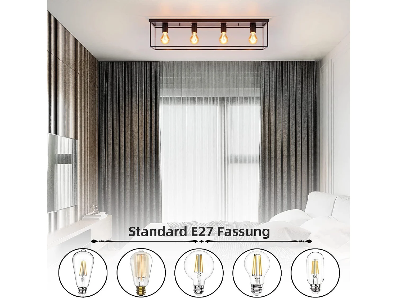 NETTLIFE Plafonnier 4 spots E27 vintage noir industriel pour chambre salon en métal rétro avec 4 ampoules pour cuisine couloir