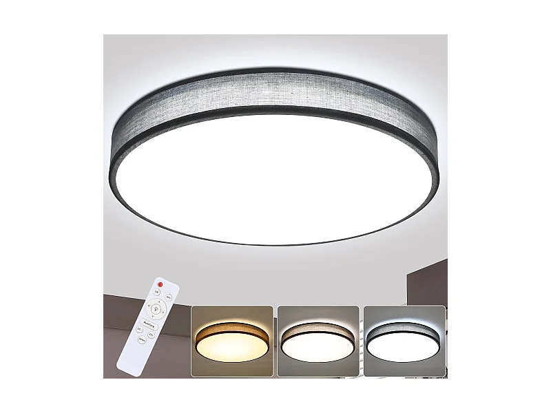 NETTLIFE LED Deckenleuchte Grau 38W Rund Modern Dimmbar mit Fernbedienung Schlafzimmerlampe mit Stoffschirm Flurlampe für Wohnzimmer