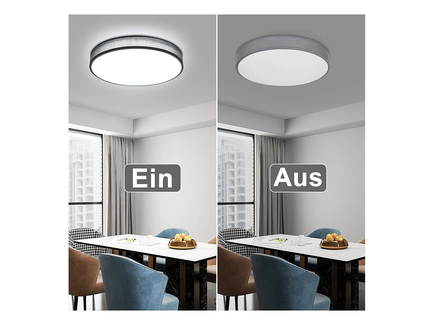 NETTLIFE Szara lampa sufitowa LED 38W okrągła, nowoczesna, ściemnialna za pomocą pilota Lampa do sypialni z abażurem z tkaniny Lampa do przedpokoju do salonu