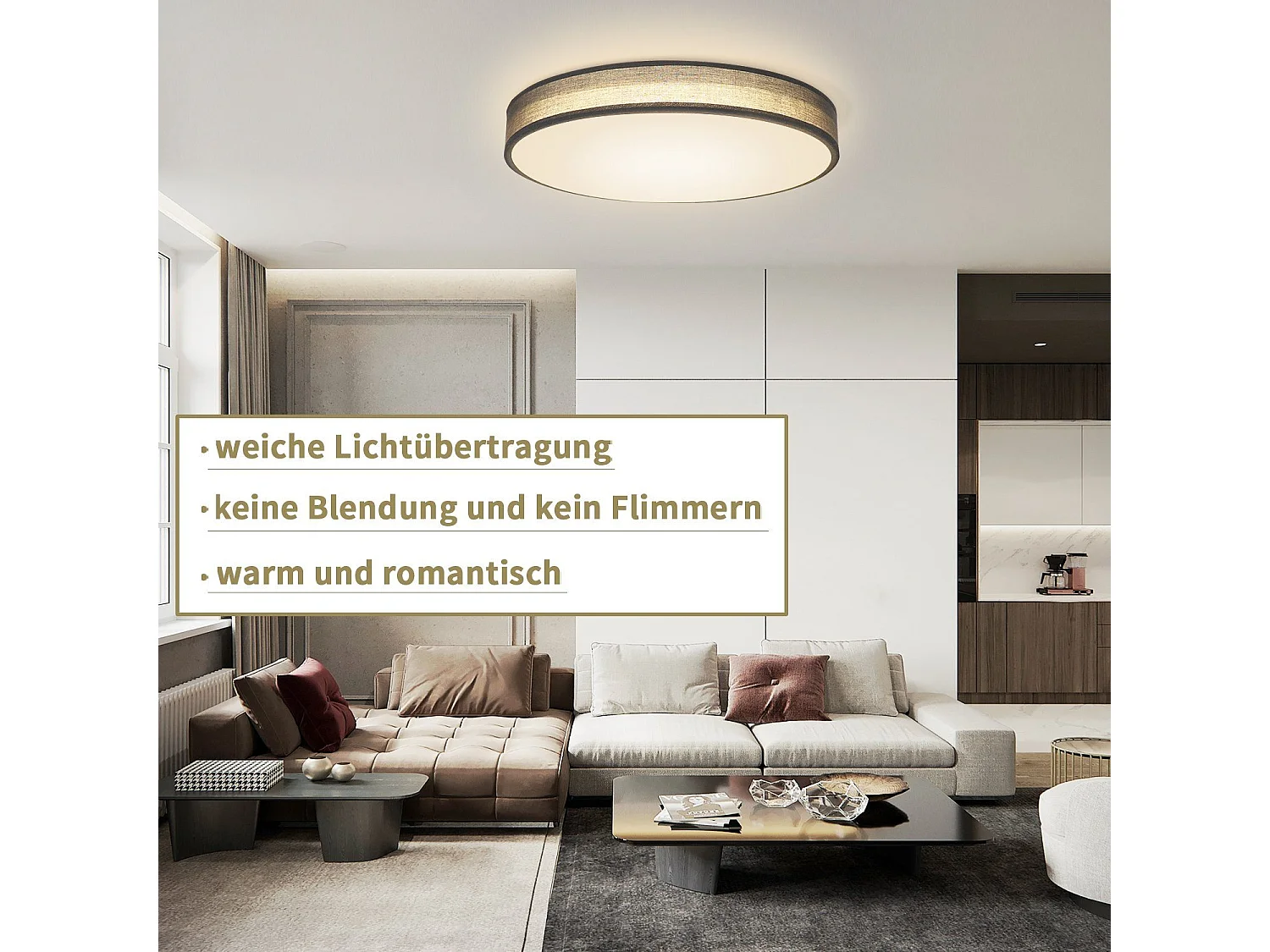 NETTLIFE Szara lampa sufitowa LED 38W okrągła, nowoczesna, ściemnialna za pomocą pilota Lampa do sypialni z abażurem z tkaniny Lampa do przedpokoju do salonu